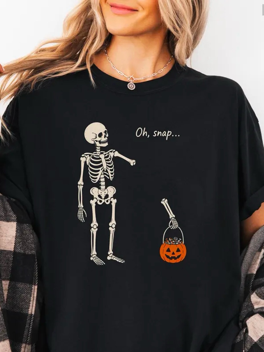 Funny Skeleton Oh Snap Pumpkin Black Graphic Tee Spooky Season